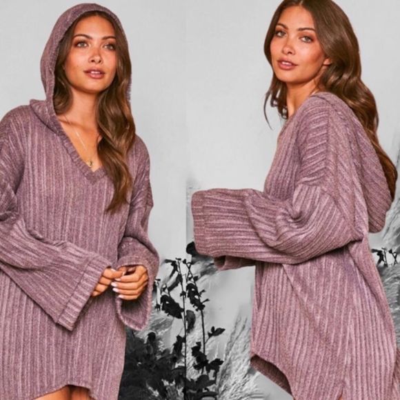 SMOKE PURPLE RIBBED KNIT HOODIE - Picture 4 of 8